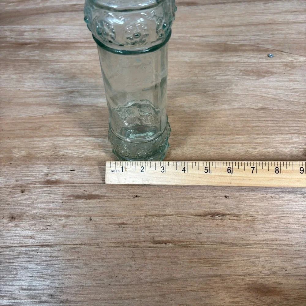 Vintage Embossed Floral Glass Bottle with Cork Stopper Tall Decorative Decanter